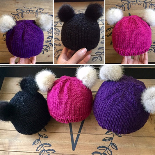 elle Vintage Handmade Recycled Real Mink Fur Mini Pom Poms on Baby Beanie Knits
