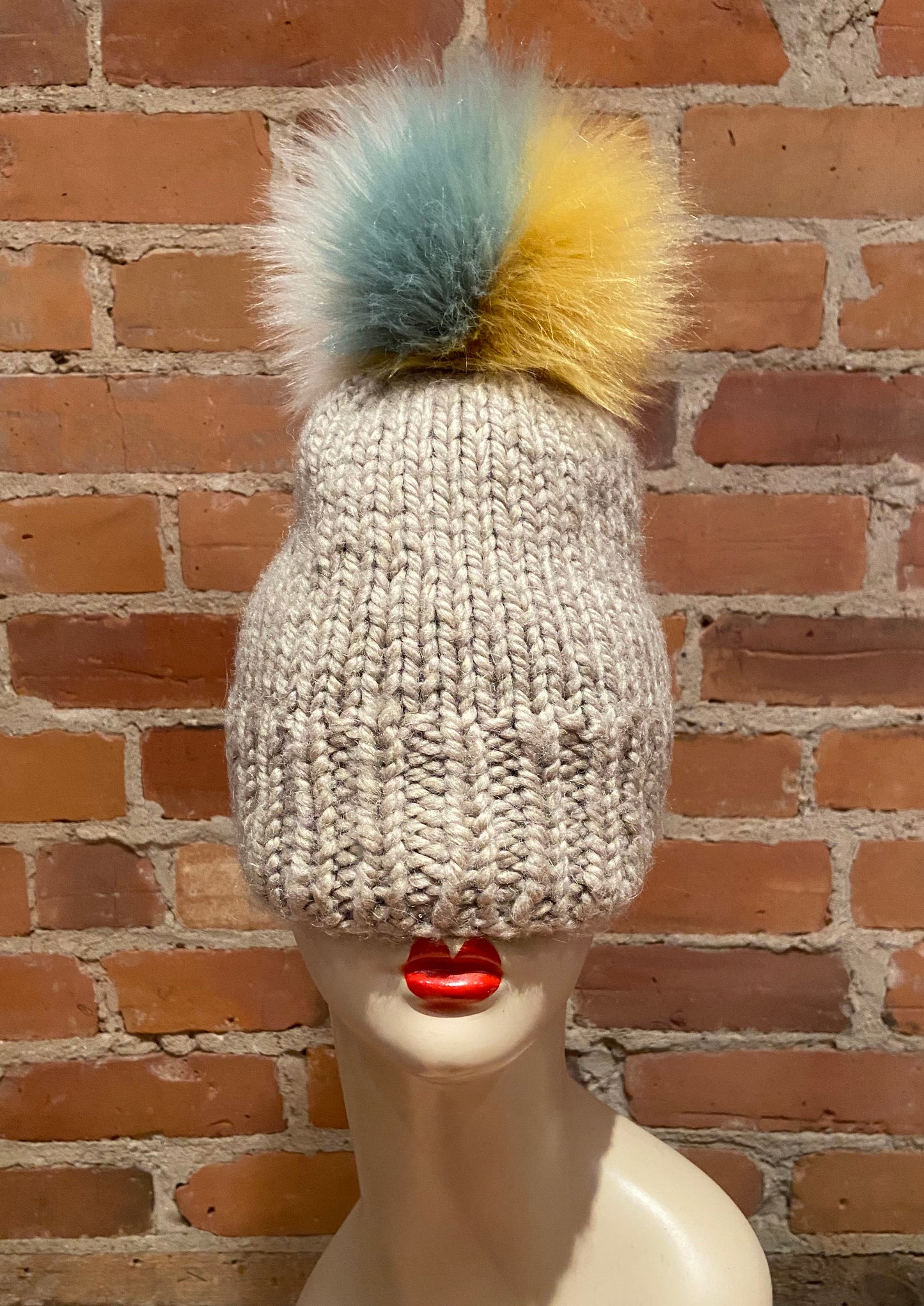 Green Taupe Ivory and Yellow Hat Pom, 6 Inch