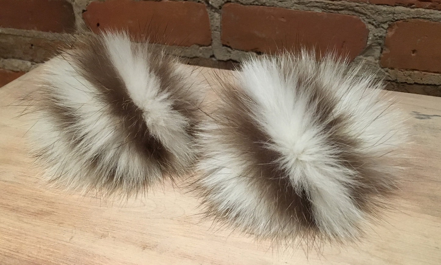 Ivory Taupe Striped Fox Fur Pom, 4 Inch
