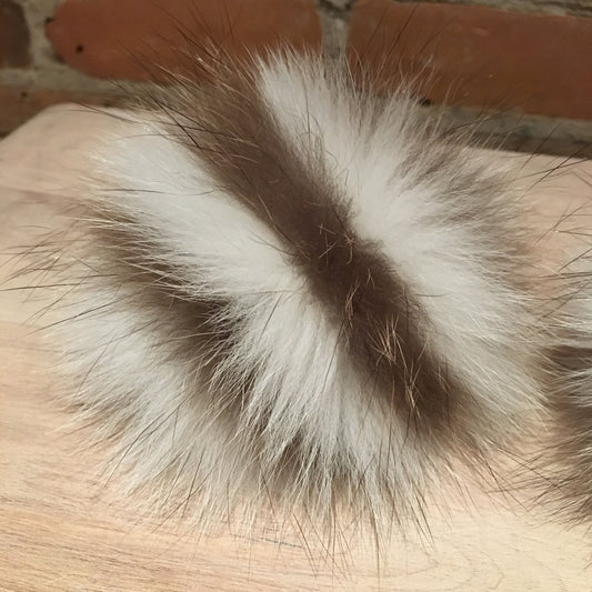 Ivory White Taupe Brown Striped Fox Fur Pom