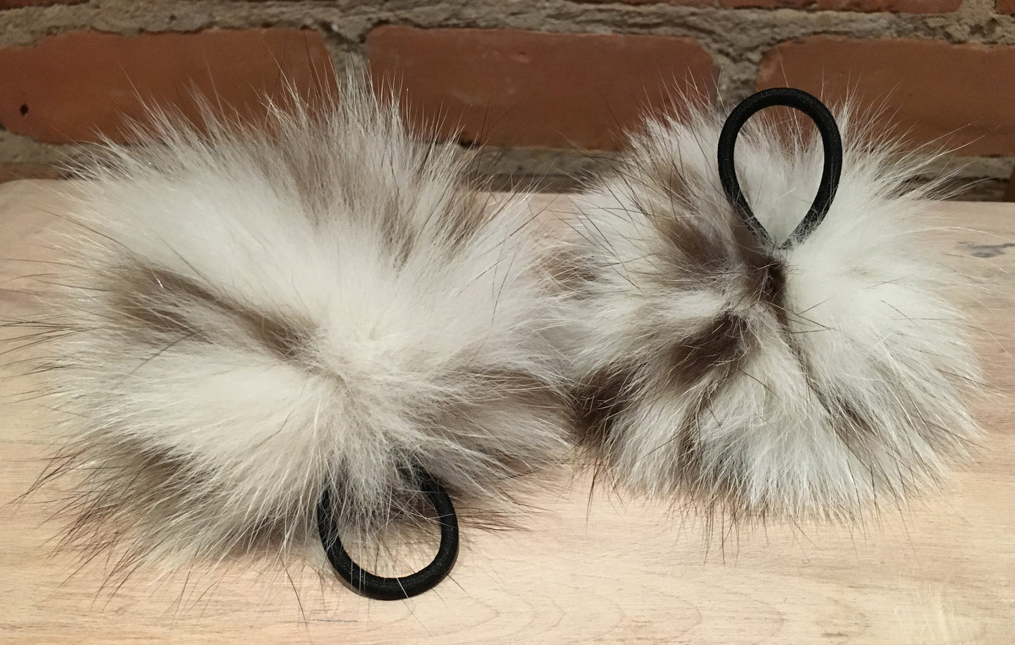 Ivory Taupe Striped Fox Fur Pom, 4 Inch