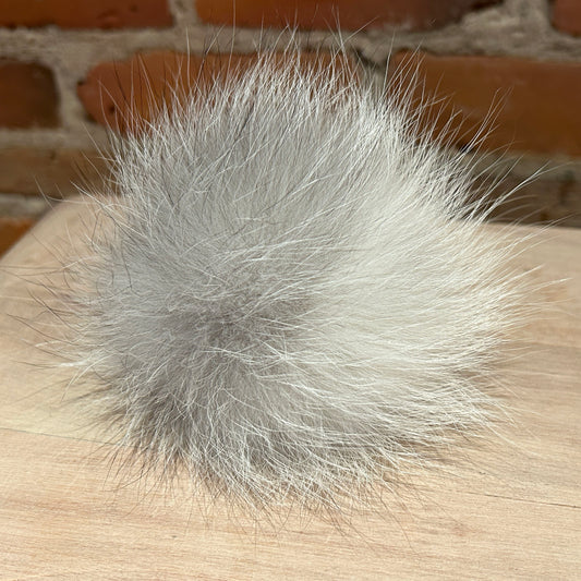 4.5 Inch grey and white fox fur pom pom for knit hat