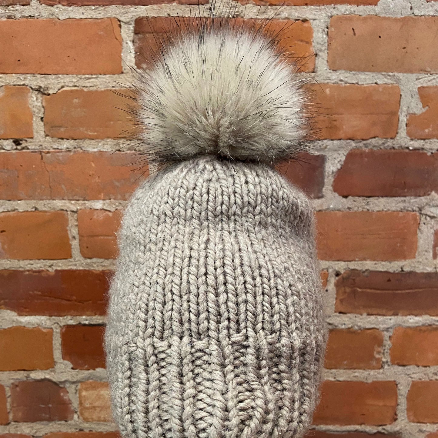 Beige Faux Fox Fur Pom on Beige Knit Hat