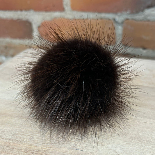 Glossy Dark Brown Beaver Recycled Fur Handmade Pom Pom for Child's Knit Hat