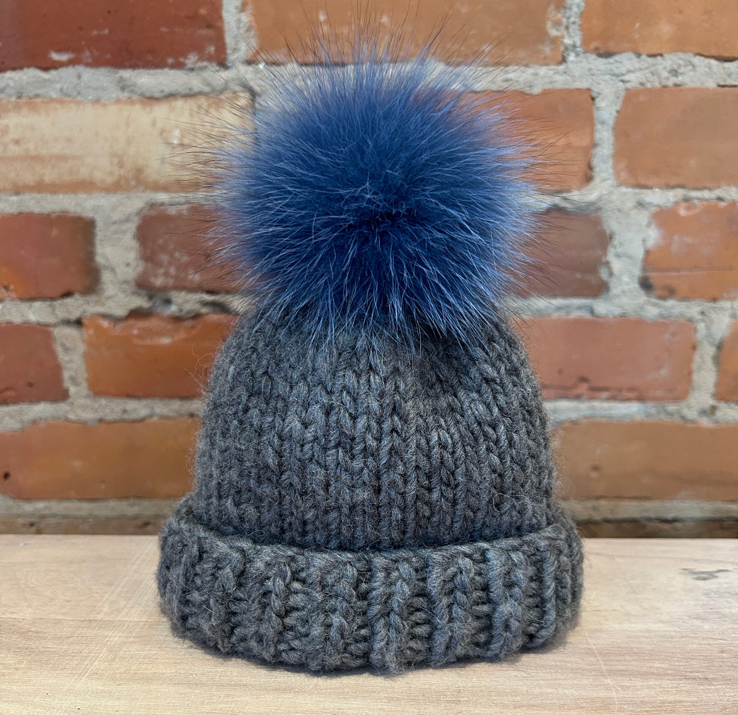 Denim Blue Fox Hat Pom, 3.5 Inch