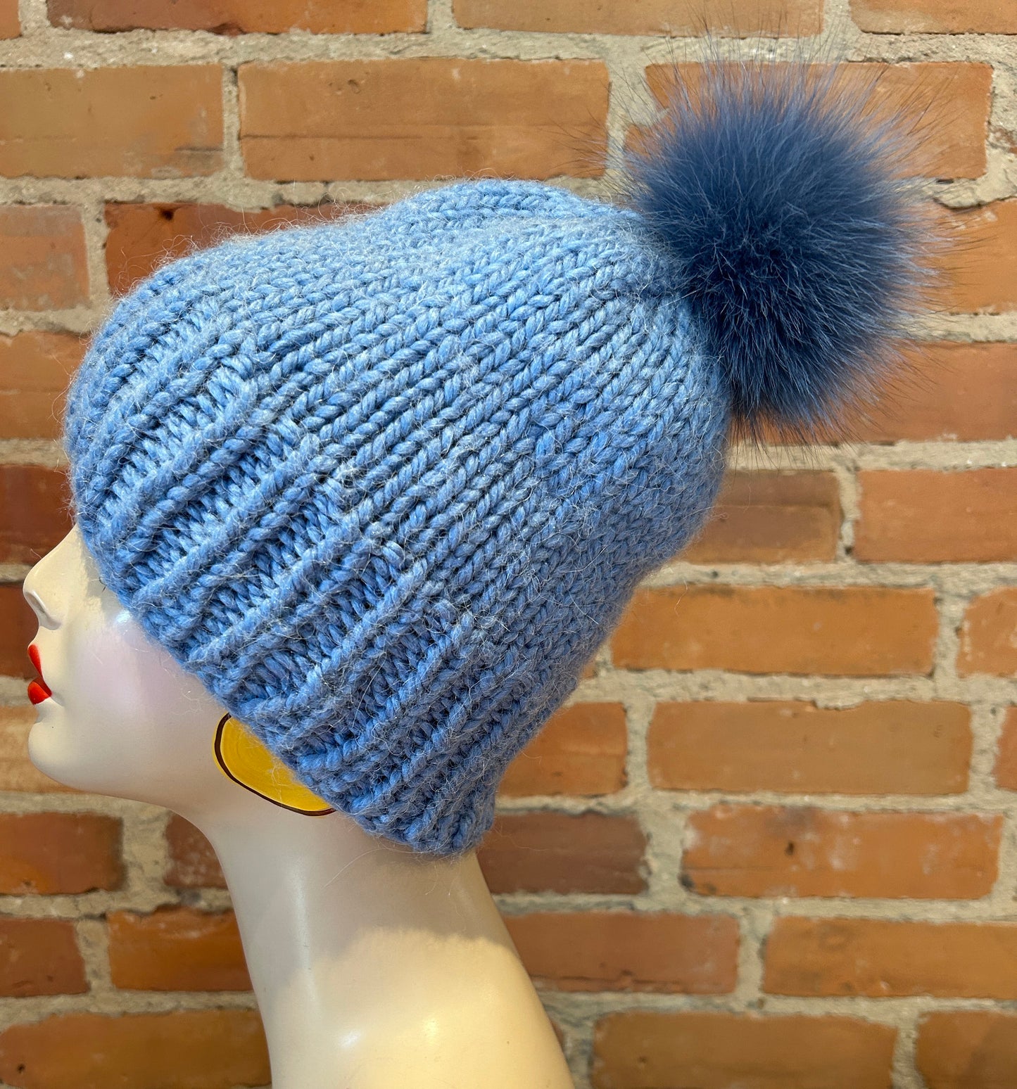 Denim Blue Fox Hat Pom, 3.5 Inch