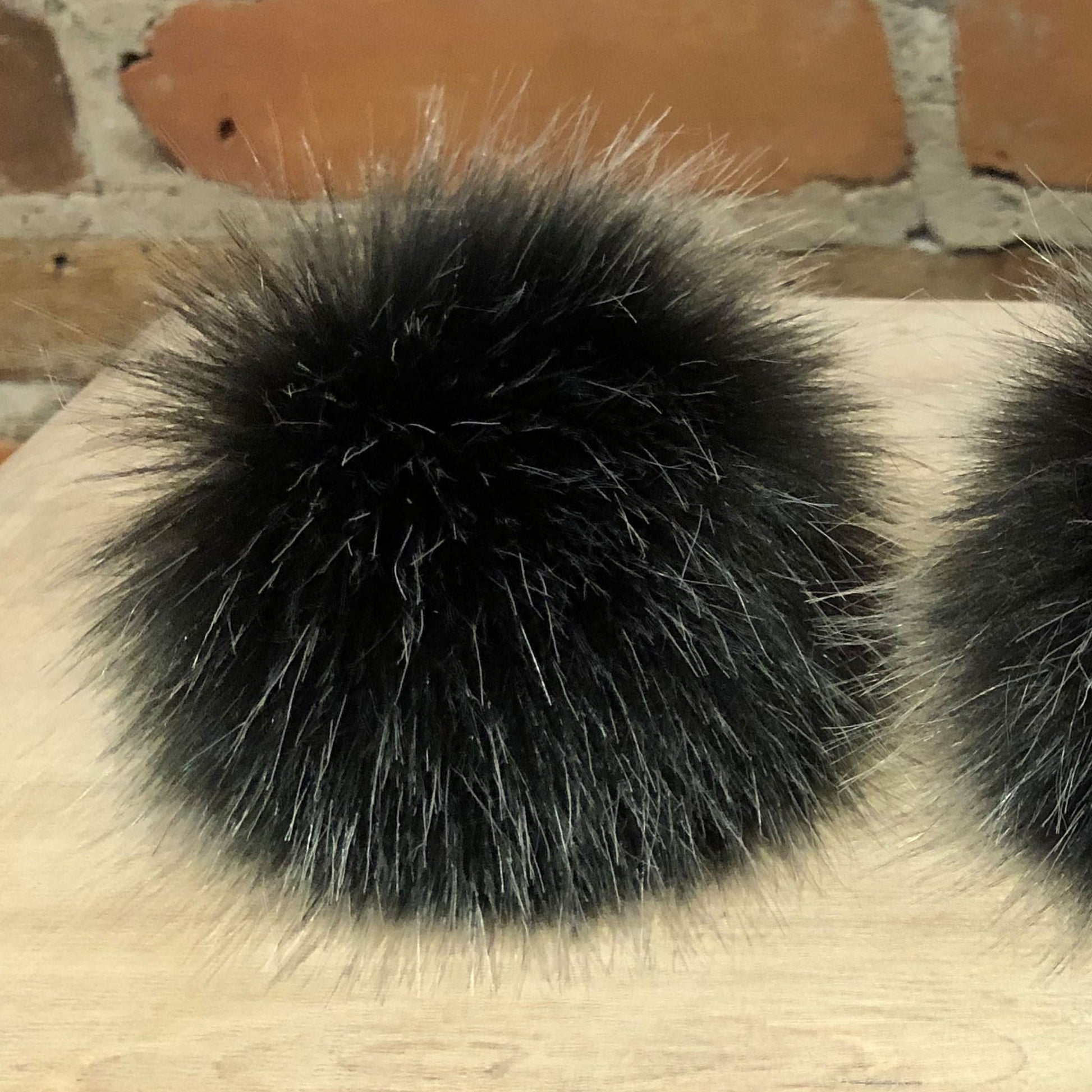 Black Faux Fur Pom Pom with Silver Tips for Knitting Projects