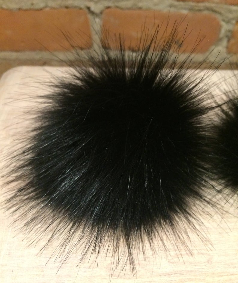 Jet Black Fox Faux Fur Pom, 3.5 Inch