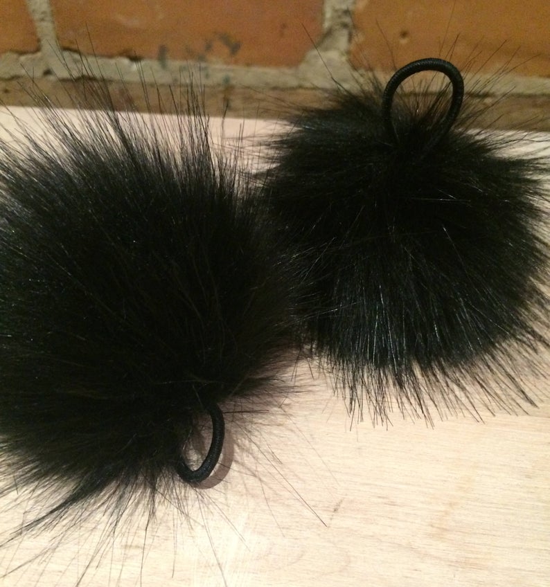 Jet Black Fox Faux Fur Pom, 3.5 Inch