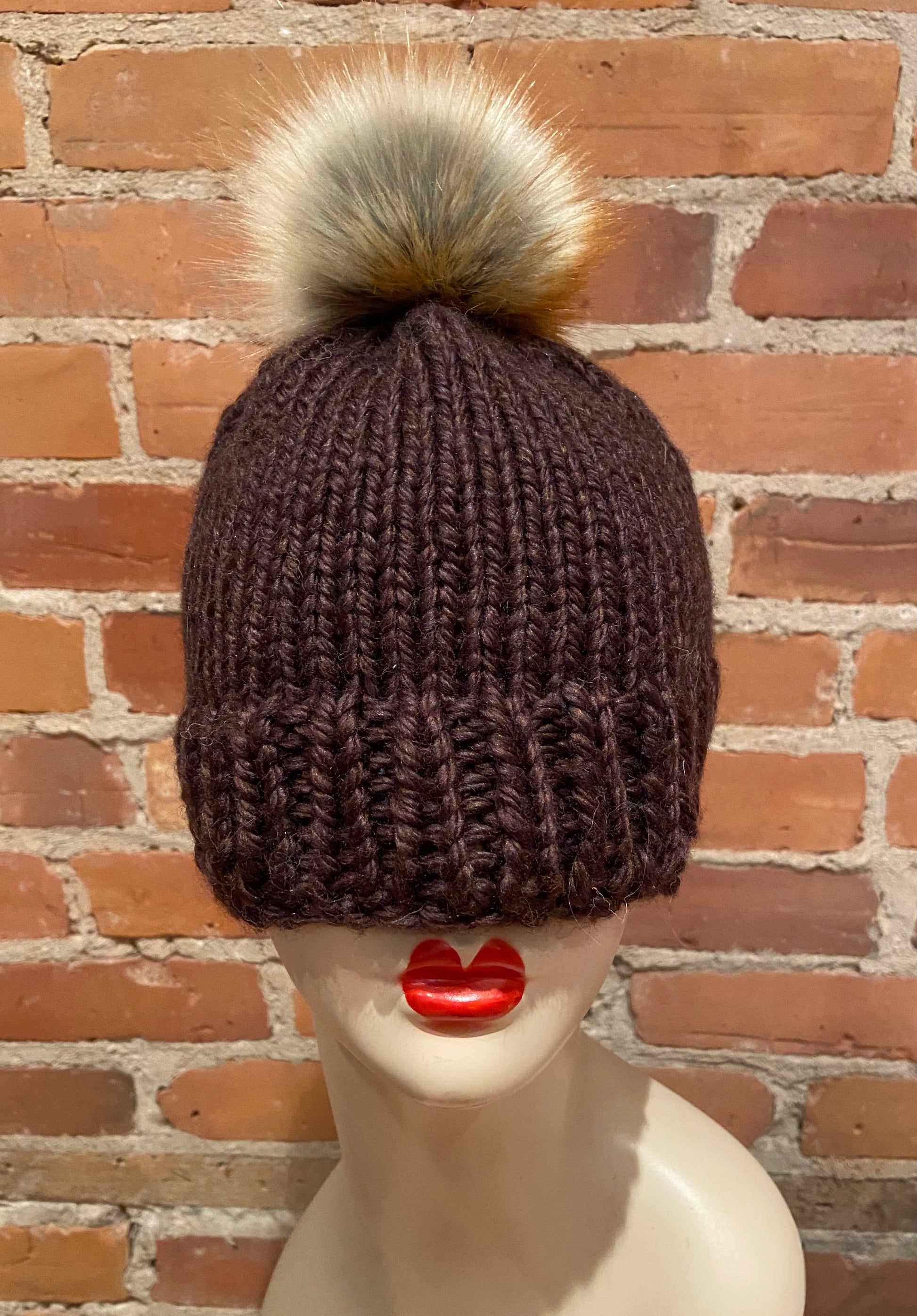 Red Fox Faux Fur Hat Bobble on Brown Knit Hat
