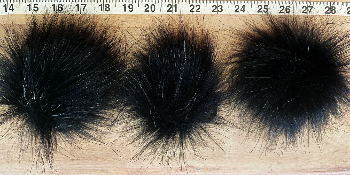 Wispy Black Fox Faux Fur Pom, 3.5 Inch