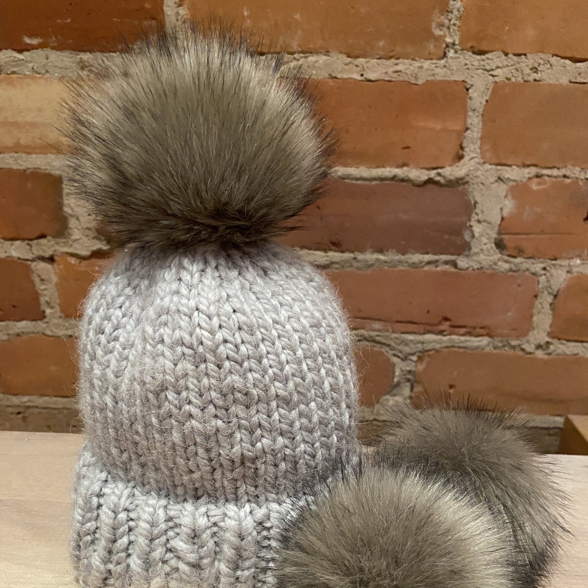 Grey Faux Fox Fur Hat Pom