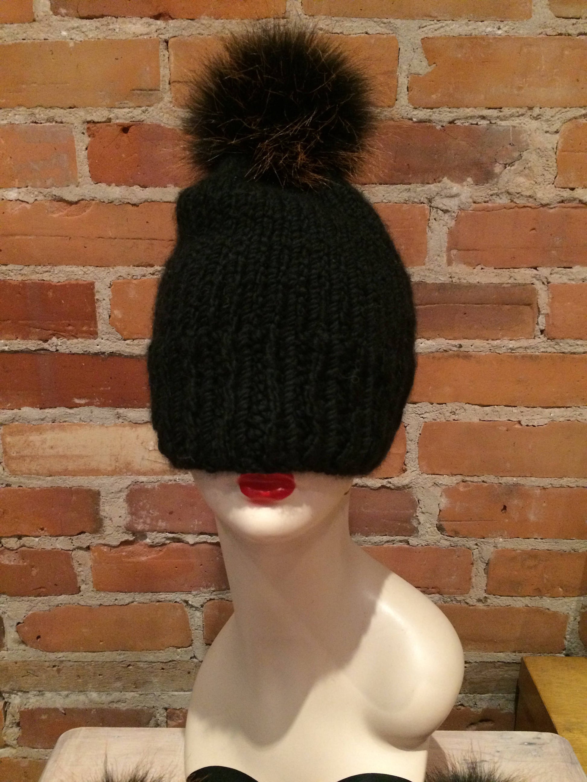 elle Faux Furs Black and Copper Hat Pom on Winter Knit Hat Front View