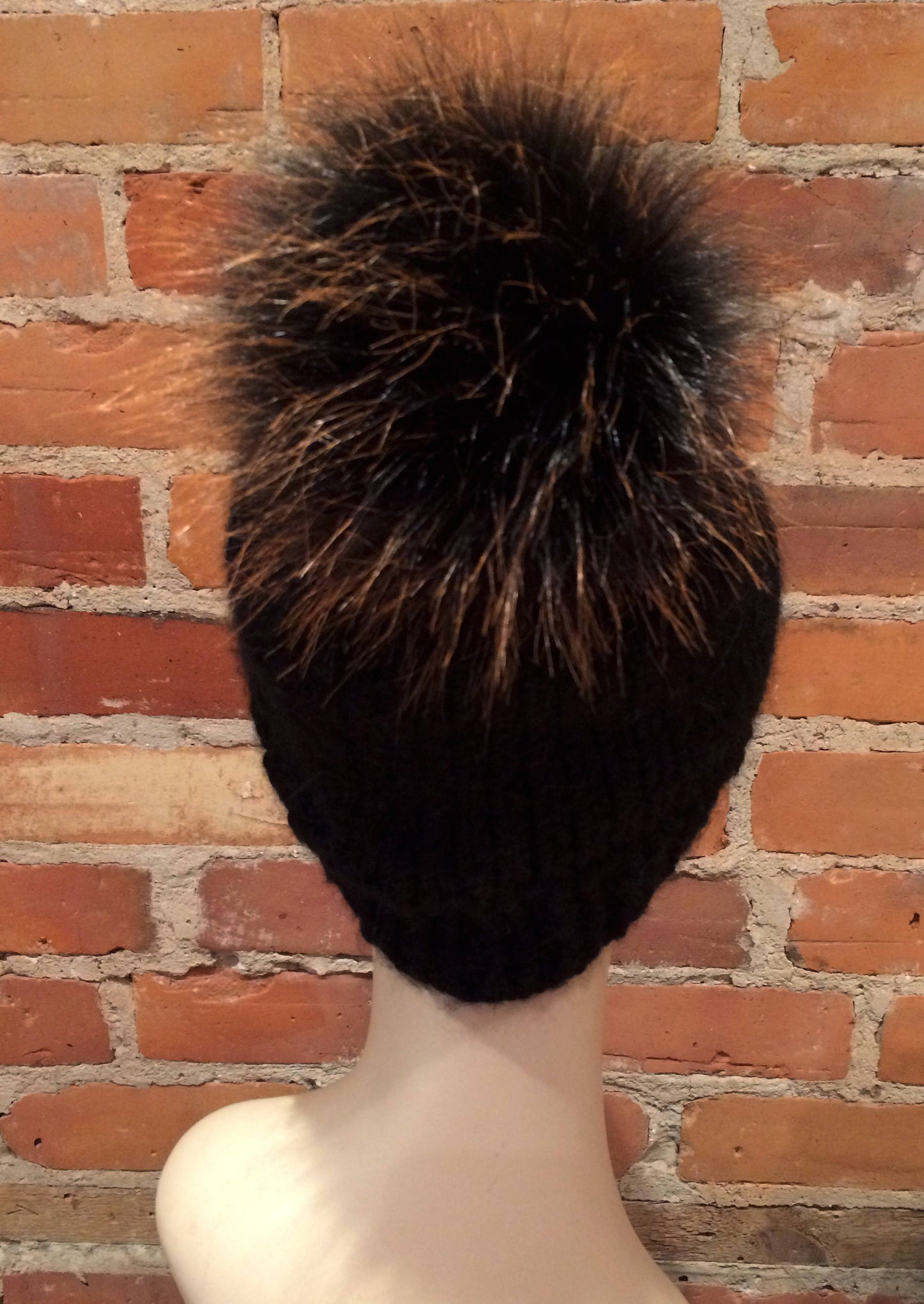 elle Faux Furs Black and Copper Hat Pom on Winter Knit Hat, Back View