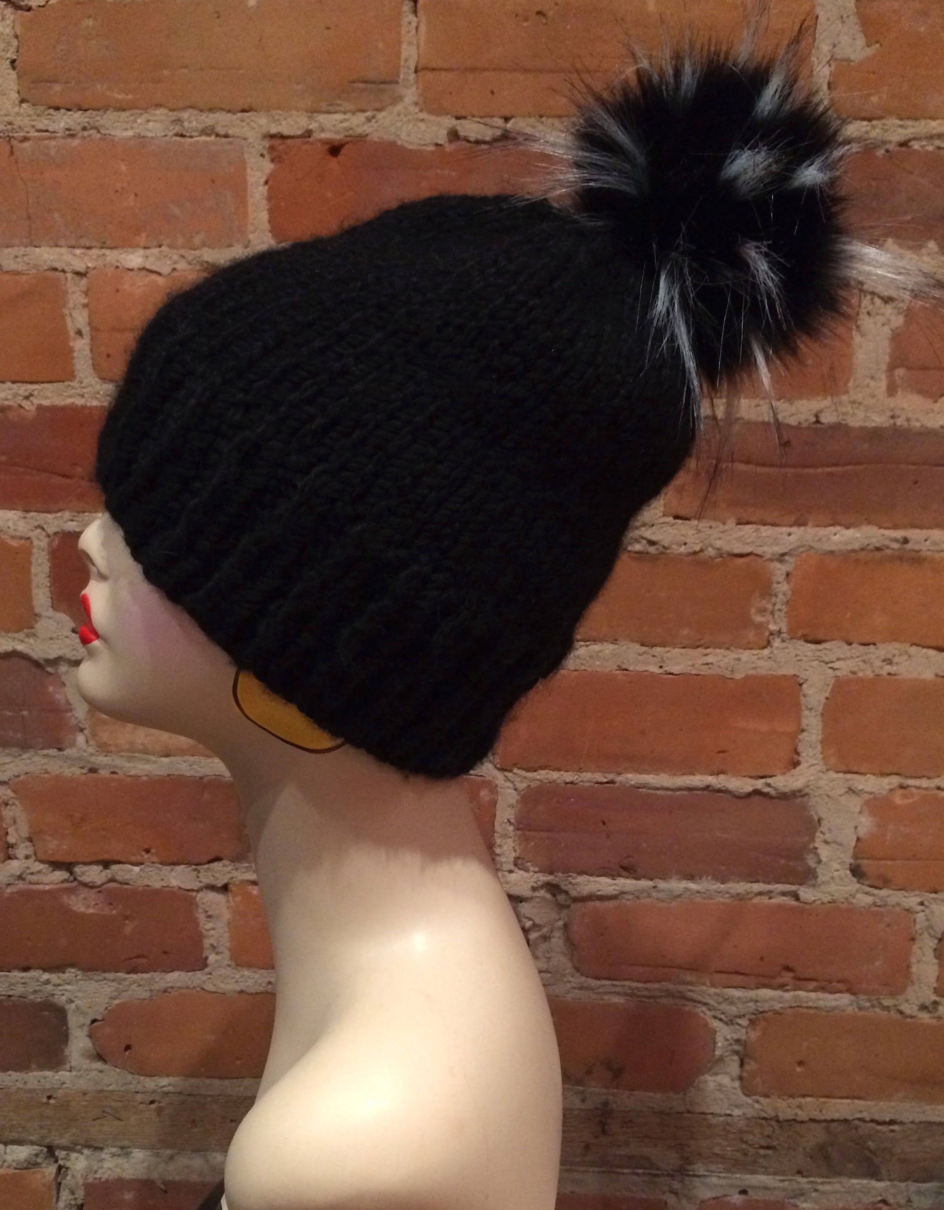 Spiky Black Pom Pom, Knit Hat Adornment, Faux Fur Pom, 5-Inch Fur Ball for Your Knit Hat, Winter Accessory, Knitting Supplies, Detachable, ellevintage.com