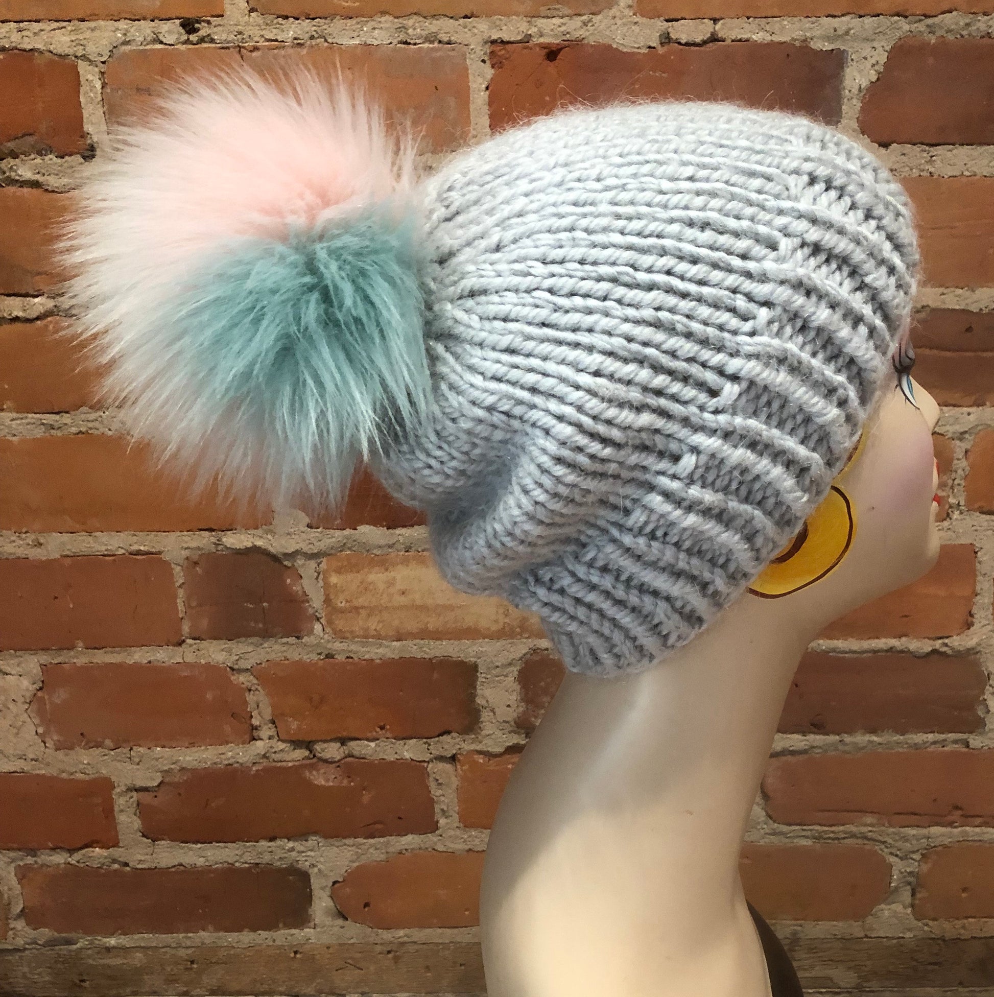 Green Pink Pom for Your Knit Hat, Peppermint Green and Lavender Pink Mint Multi-Color Faux Fur Pom, Knitting Inspiration, Detachable Hat Pom