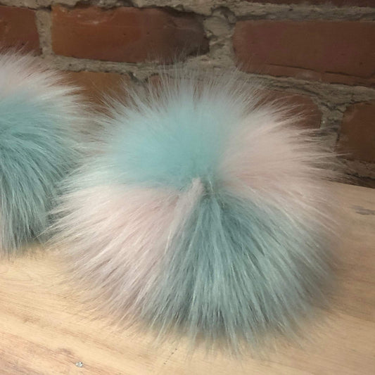 Green Pink Pom for Your Knit Hat, Peppermint Green and Lavender Pink Mint Multi-Color Faux Fur Pom, Knitting Inspiration, Detachable Hat Pom